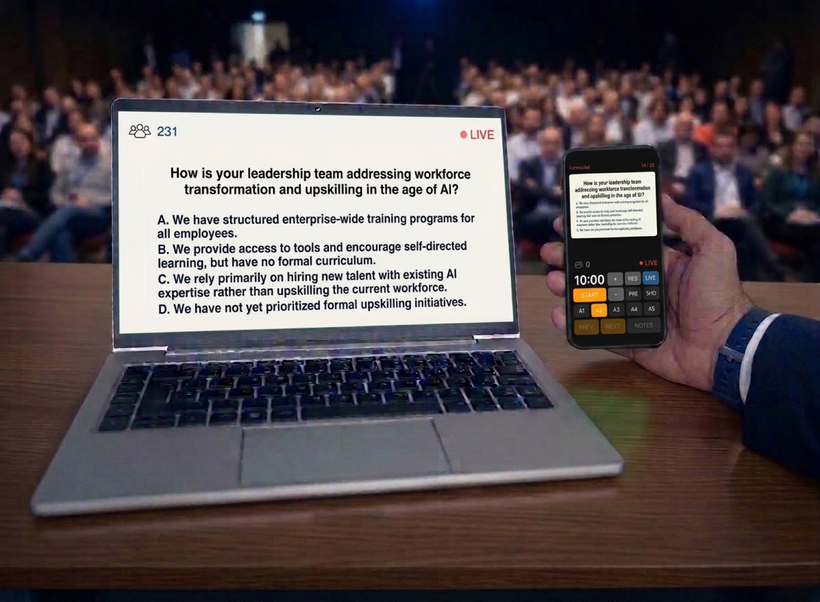 Presenter running a live poll from the laptop while controlling slides, timer, and activities from a phone